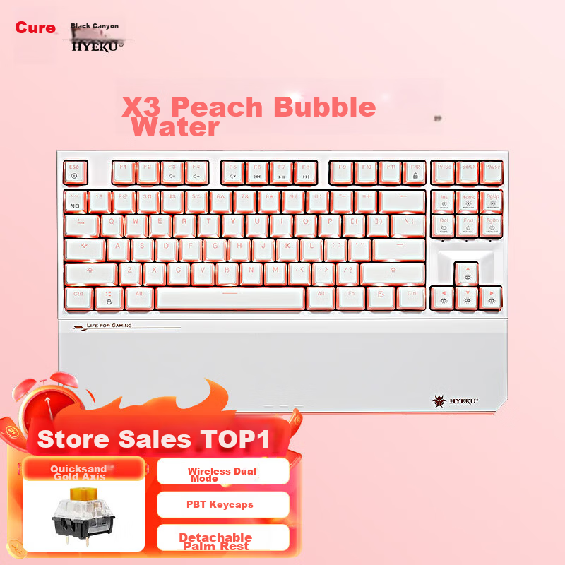 Hyeku X3 Wired/Wireless 2.4G Dual-Mode Gaming Mechanical Keyboard 87 Keys PBT Keycaps Black Forest Mousse Kailh BOX Rose Red Switch with Clip-On Wrist Rest