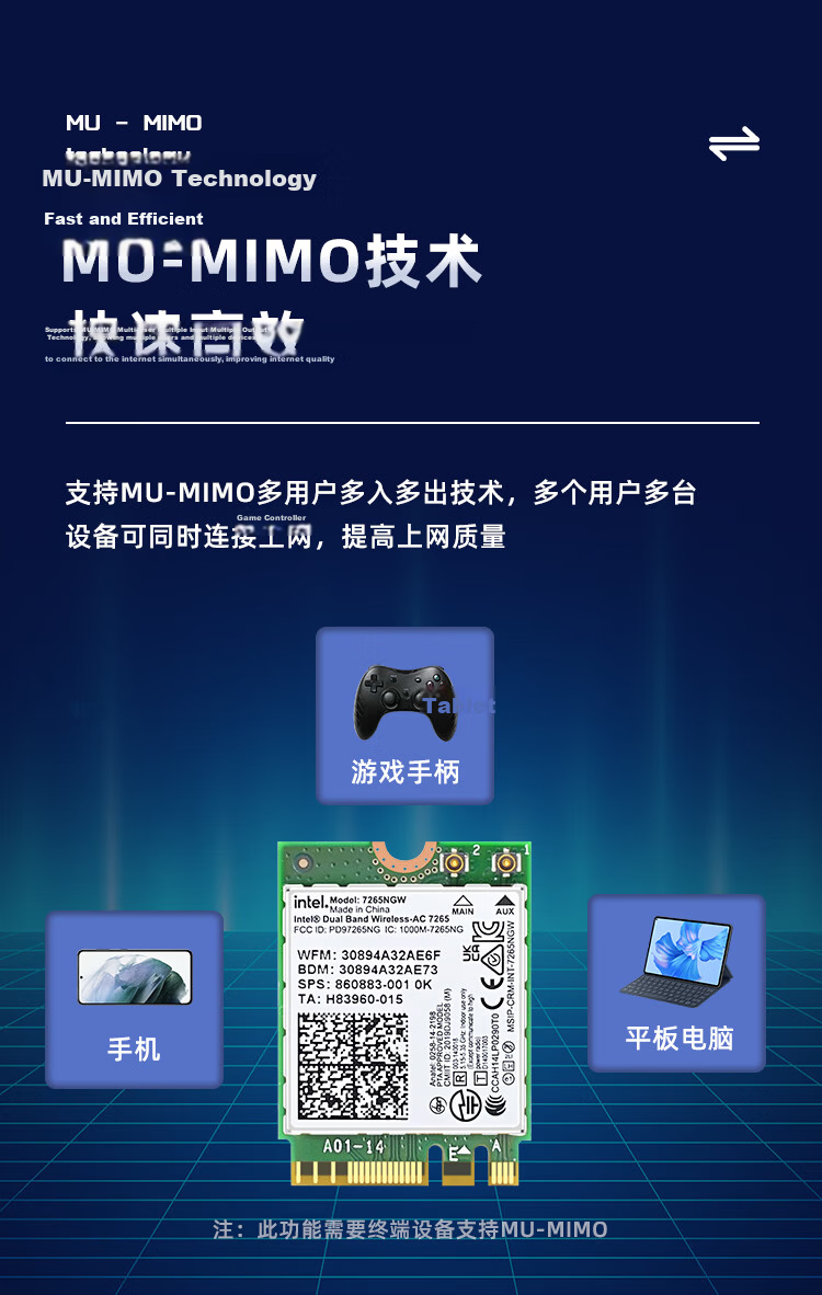 EB-LINK Intel 7265 Chip Laptop Wireless Network Card 1167M M.2 Interface WiFi5 Gigabit Dual-Band Bluetooth 4.2 Internal Module 10