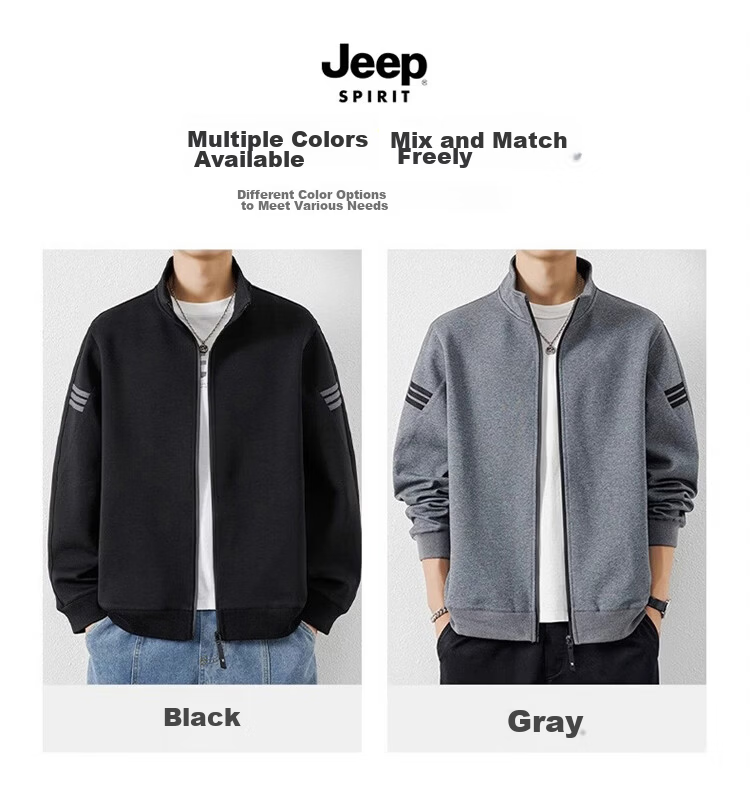 JEEP SPIRIT Men's Autumn Winter Jacket Hoodie Casual Sports Stand Collar Gray L 9