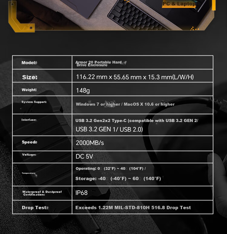 ASUS TUF GAMING Armor 20 M.2 High-Speed Portable SSD Enclosure NVME/SATA IP68 Waterproof Dustproof 1.2m Drop Resistant 20Gbps 8
