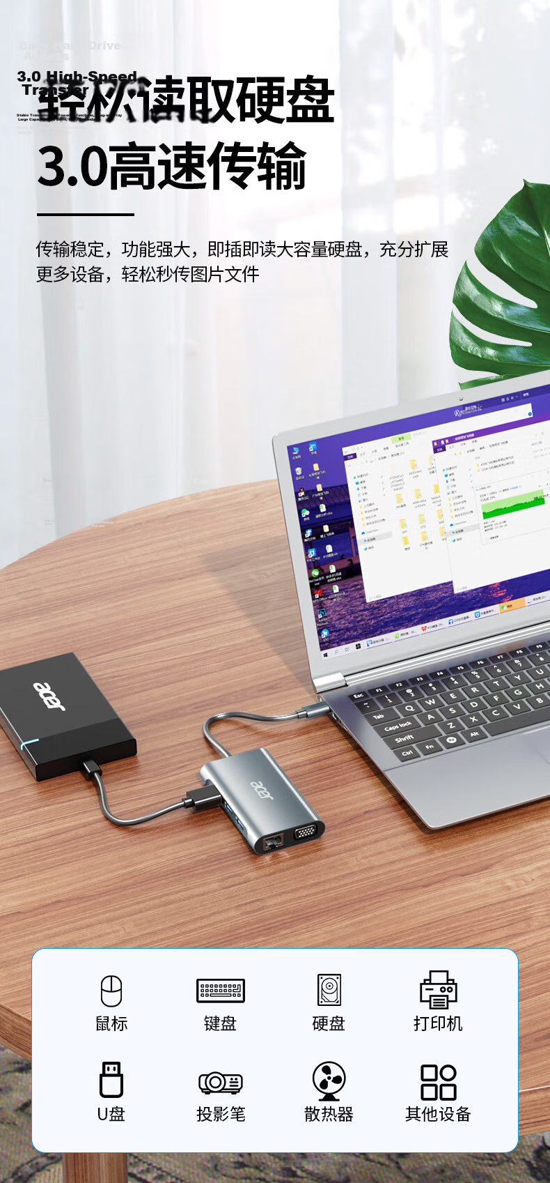 Acer Type-C Expansion Dock Gigabit Ethernet Port Network Cable Adapter USB3.0 Hub Wired Network Card RJ45 Converter HDMI4K60Hz High-Definition PD Charging Expansion Dock 8