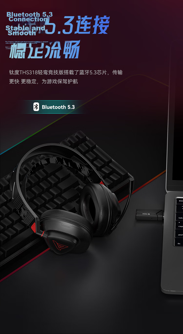 Taidu THS318 Lightweight Luan Competitive Edition Four-Mode Wireless Gaming Headset Computer Over-Ear Delta FPS Game Sound Positioning No-Light Black 9