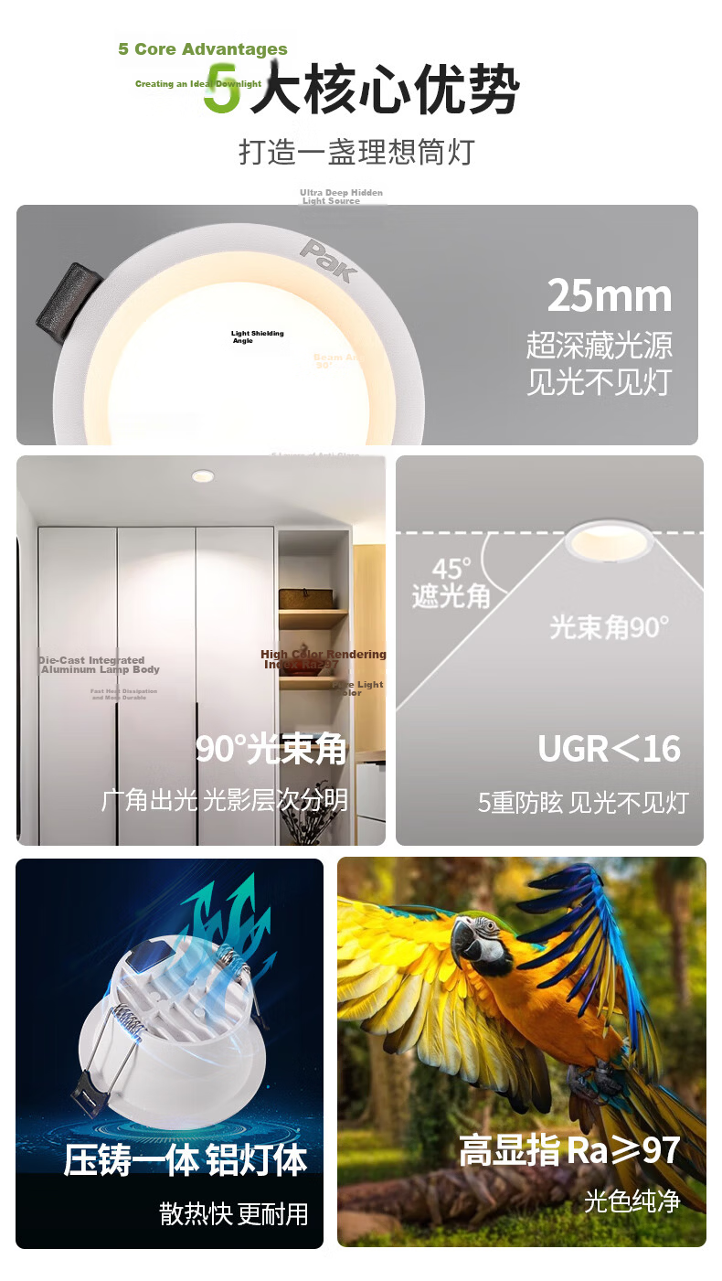Sanxiong Aurora LED Recessed Downlight Deep Cup Anti-Glare 6mm Ultra-Narrow Frame Office Corridor Ceiling Hole Light 75mm Cutout Yunqi 7W White Light 5700K 3 Inch 2