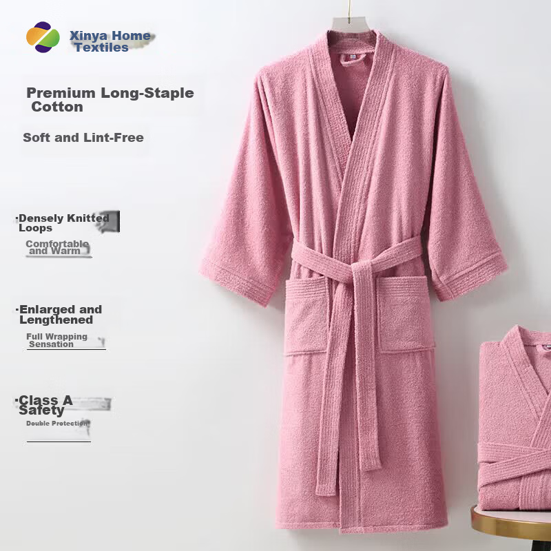 Xinya Pure Cotton Adult Unisex Bathrobe Soft Comfortable Home Robe Sleepwear Pink L