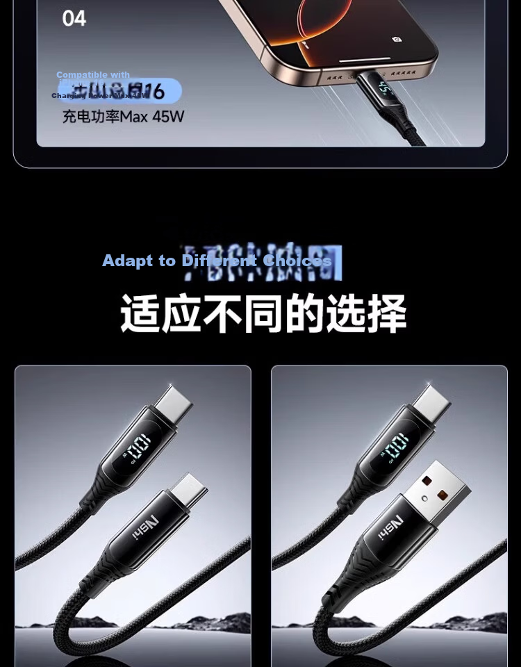 Nengshi Type-C Data Cable, 60W Charging Cord, Digital Display Fast Charging, Suitable for Huawei Mate70/50/P60, Honor, Xiaomi 15 Ultra Tablet, USB Car Charger Cable, 1 Meter 3