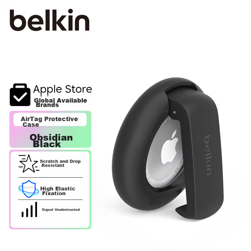 BELKIN AirTag/AirTag2 Keychain Anti-Lost Spring Hook Safety Clip Apple AirTag Protective Tracker Silicone Dirt-Resistant Shockproof Case MSC008 Black