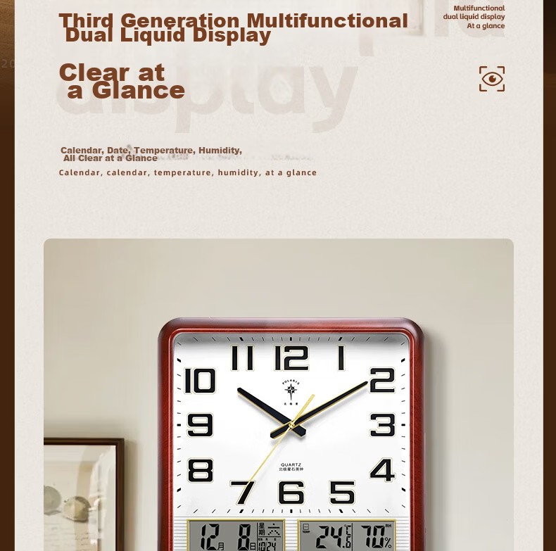 POLARIS Wall Clock, 14-Inch Perpetual Calendar, Temperature And Humidity Meter, Creative Living Room Calendar, White Dual LCD Clock 12