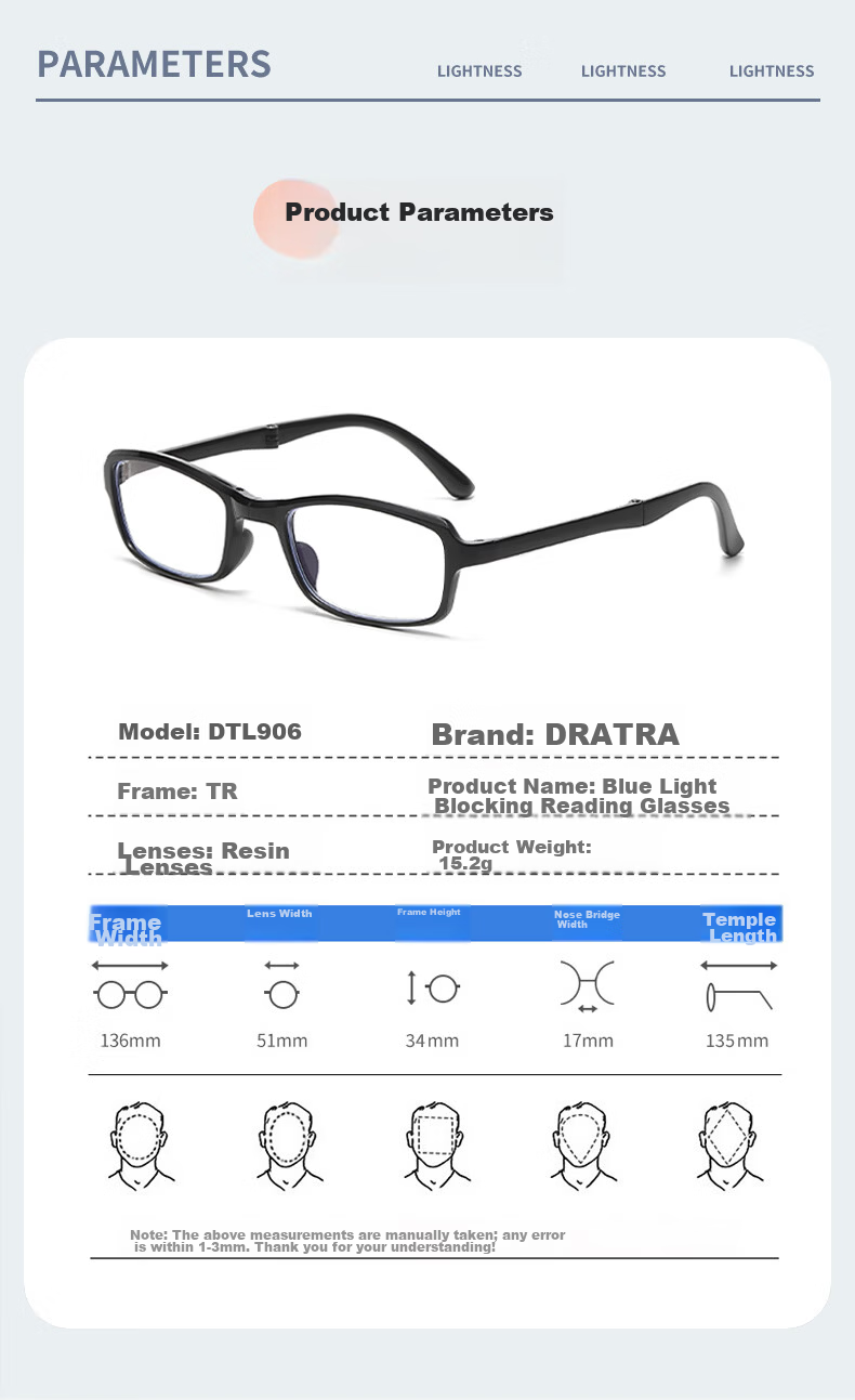 DRATRA Portable Foldable Reading Glasses HD Blue Light Blocking Lightweight Comfortable TR Frame for Middle-aged and Elderly 7