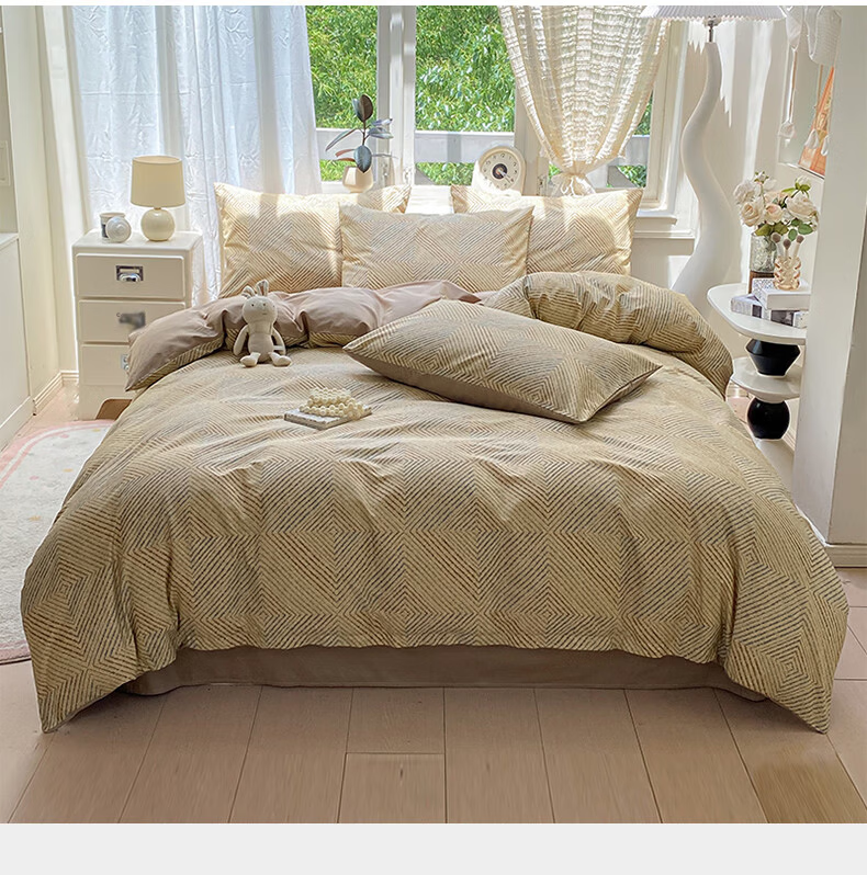 MUJI 100% Cotton Bedding Set 4-Piece, 1.8m Fitted Sheet, Duvet Cover 200x230cm, Lange Pattern 14