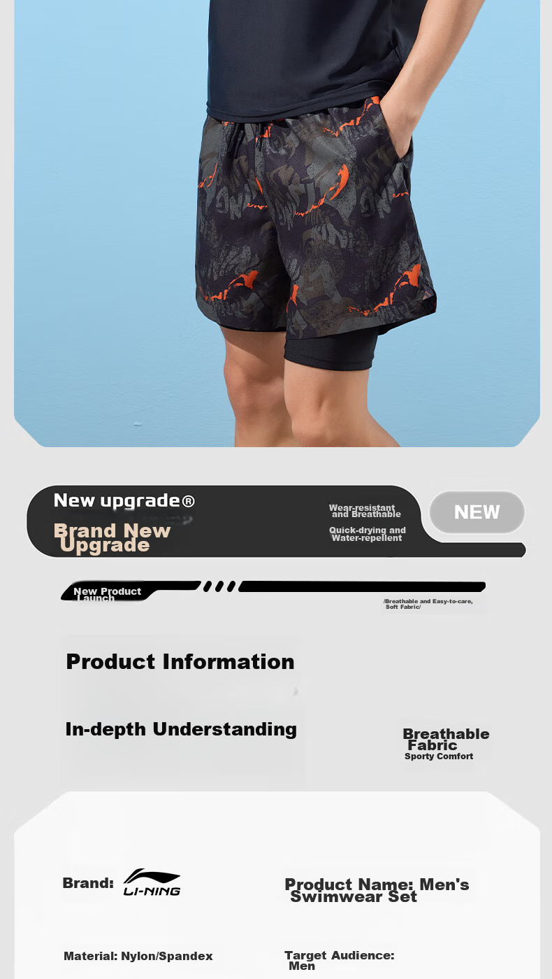 Li-Ning Men's Swim Trunks, Double-Layer Anti-Embarrassment Swimwear Set, Comfortable High-Elasticity Water And Land Dual-Use Two-Piece Set, 86-33 Black And Gray, XL 10