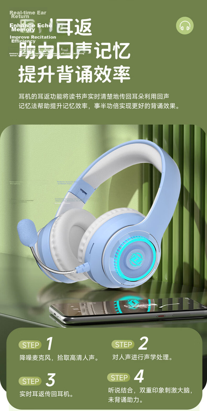 Yinwangsi Children's In-Ear Monitor Headphones Learning Aid Noise-Cancelling Wireless Bluetooth Over-Ear Headset for Students Age 6-12 Compatible with Learning Devices, Computers, and TF Card 11