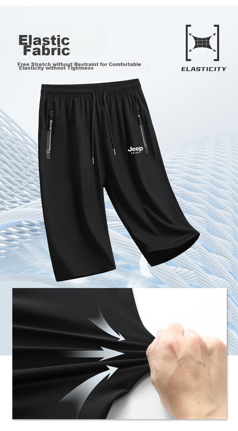 JEEP SPIRIT Men's Shorts, Summer New Style, Three-Quarter Length Pants, Casual Ice Silk, Loose Fit, Plus Size Menswear, Black, 2XL 9