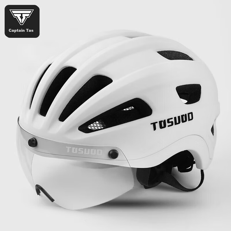 Tas Captain Bicycle Helmet Unisex Photochromic Goggles Day and Night Use Breathable Adjustable Riding Gear Elegant White Size L