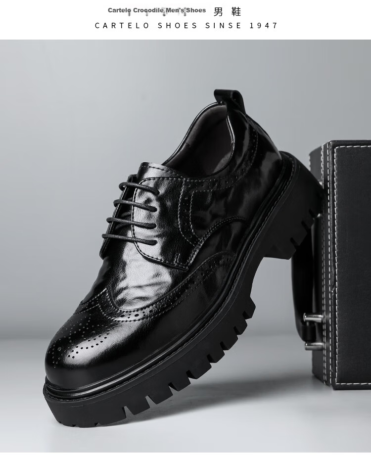 CARTELO British Men's Brogue Leather Shoes, Thick-Soled Heightening Business Casual Leather Shoes, Breathable Cowhide Shoes for Men, 9961 Black, Size 41 12