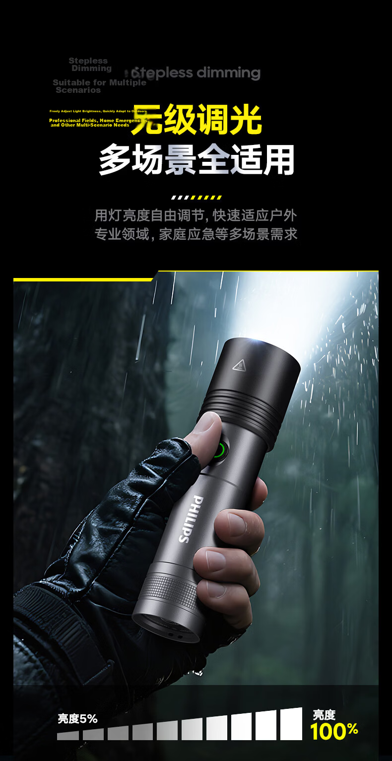 PHILIPS High Brightness Flashlight Portable Rechargeable Outdoor Emergency Light 18