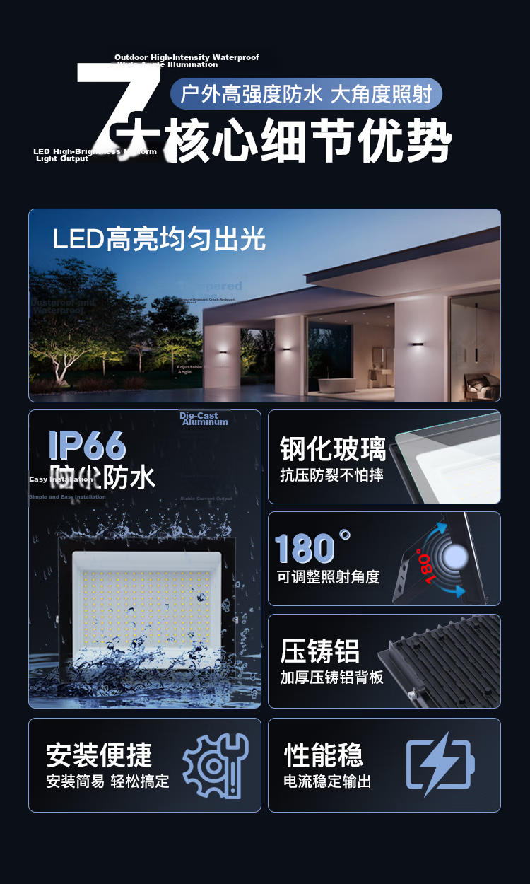 ROLin LED Floodlight Spotlight Outdoor Factory Lighting Outdoor Searchlight High Brightness IP66 Waterproof 200W Floodlight White Light 6500K Die-Cast Aluminum 3