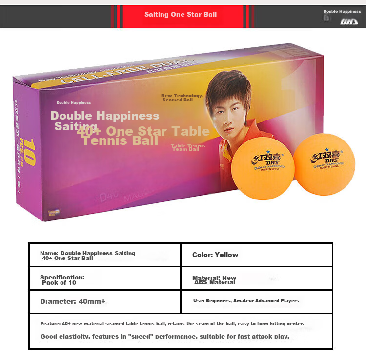 DHS Sai Di 40+ Three-Star White 3-Star Table Tennis Balls, ABS New Material with Seam, White (Pack of 10) 3