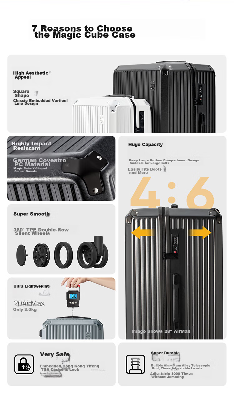 Wangyiyanxuan Ultra-Light Suitcase, Cube-Shaped PC Zipper Large Capacity Trolley Case, Phantom Black, 24 Inches [For Checked Baggage] 2