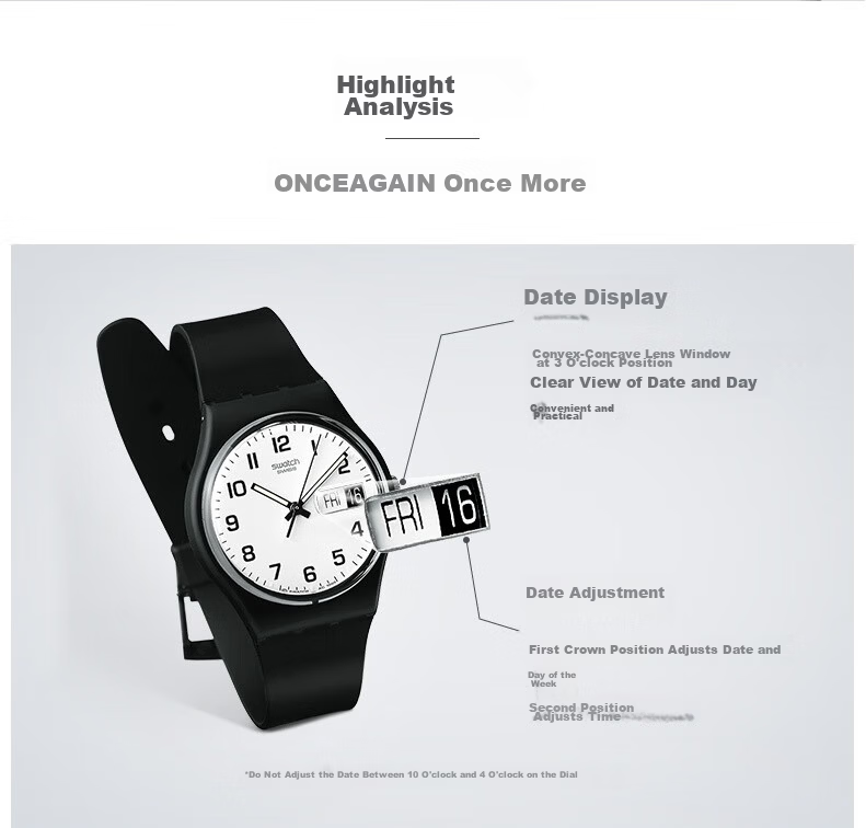 Swatch Swiss Watch, Luminous Date Display, Quartz Wristwatch for Middle And High School Students, Exam Graduation Gift, ONCE AGAIN 2.0 2