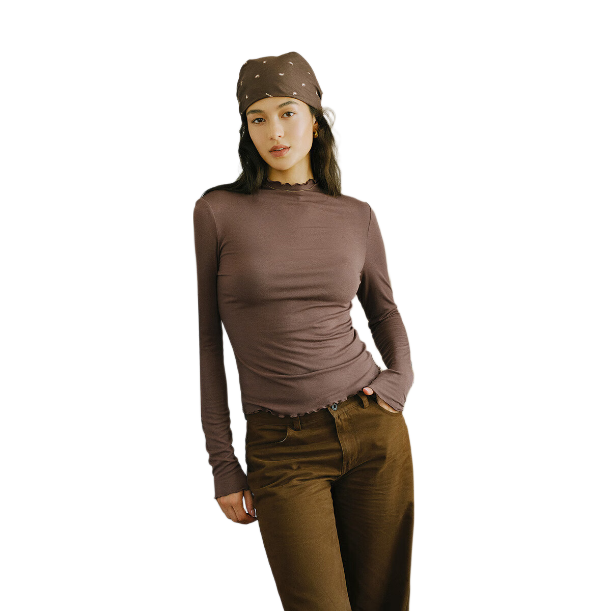 Semir Long-Sleeve T-Shirt for Women, Semi-Turtleneck with Ruffle Trim, Fleece-Lined, Thermal, Tight-Fitting, Elastic, Inner Layer, Autumn And Winter Basic Versatile Base Shirt