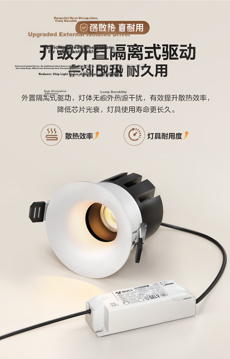 BULL Frameless Full-Spectrum Eye Protection LED Recessed Downlight 7W 5700K Anti-Glare No Main Light 14