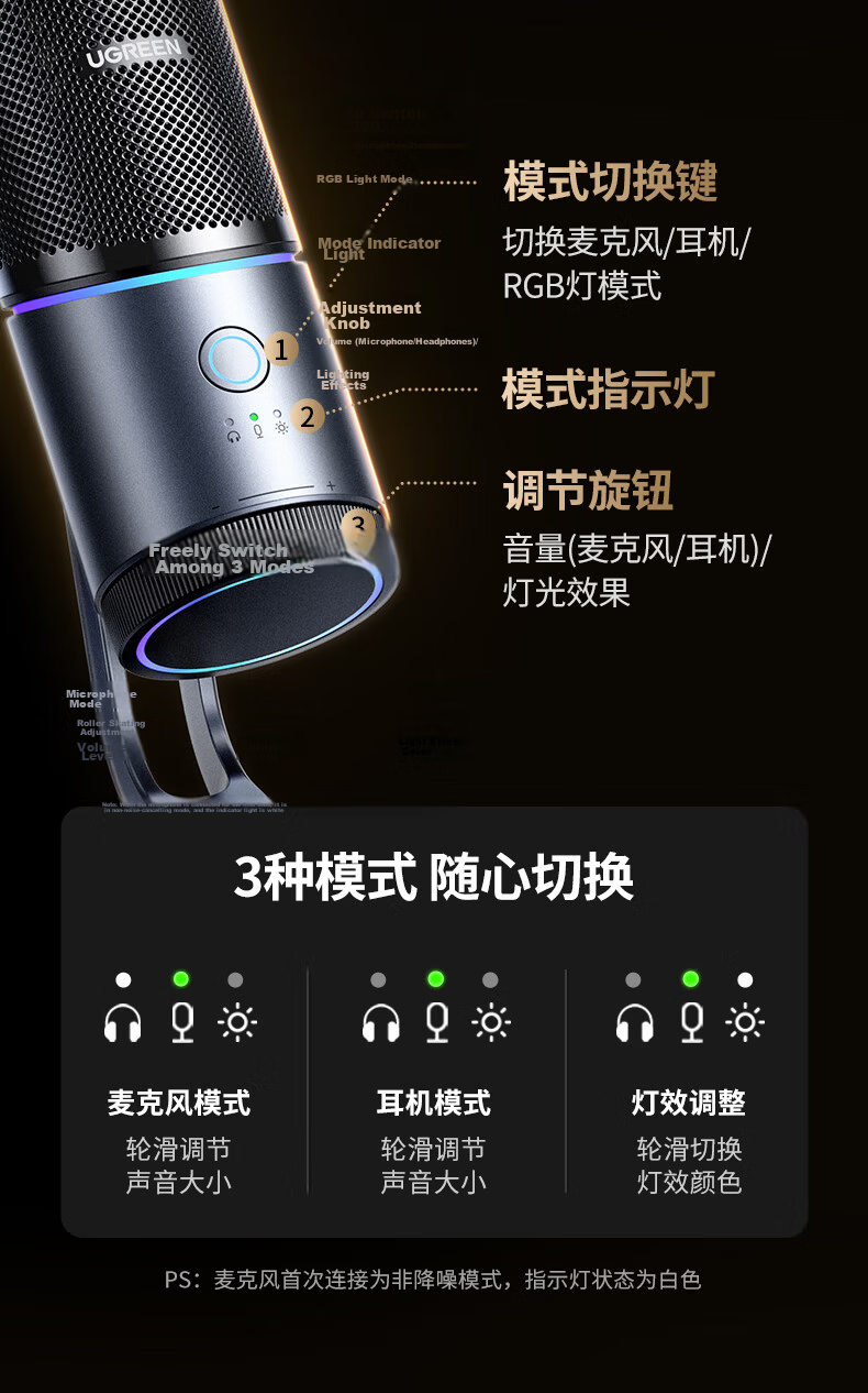 Ugreen USB Suspension Arm Computer Microphone Live Streaming Mic ANS Noise Reduction Desktop Laptop Condenser Mic RGB Lighting KTV Home Video Conference Gaming Built-in Sound Card 17