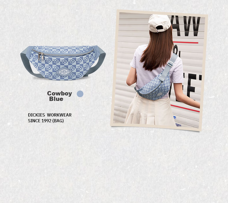 Dickies Commuter Single Shoulder Crossbody Sports Outdoor Hiking Large Capacity Checkered Unisex Waist Chest Bag Denim Blue 8