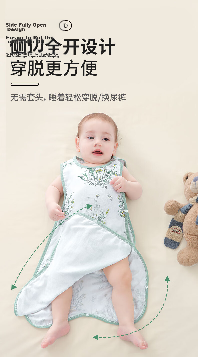 Nanjiren Baby Split-Leg Sleeping Bag, Spring And Autumn Bamboo Cotton, Front 4 Back 2 Gauze, Infant Anti-Kick Blanket Pajamas, Size 100 15