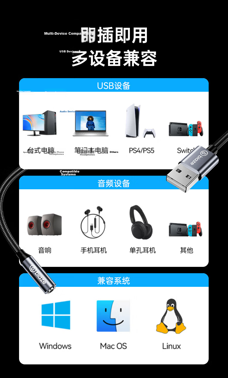 BIAZE USB External Sound Card Driver-Free 3.5mm Audio Jack Converter Single Port Headphone Microphone 2-in-1 Adapter Cable for Laptop Desktop Independent Sound Card 22