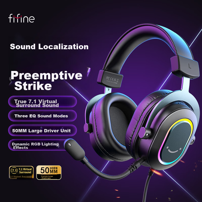 FIFINE Gaming Headset Over-Ear Wired 7.1 Surround Sound Delta Operation Valorant PUBG USB Professional E-Sports Microphone Headphones H6 Black