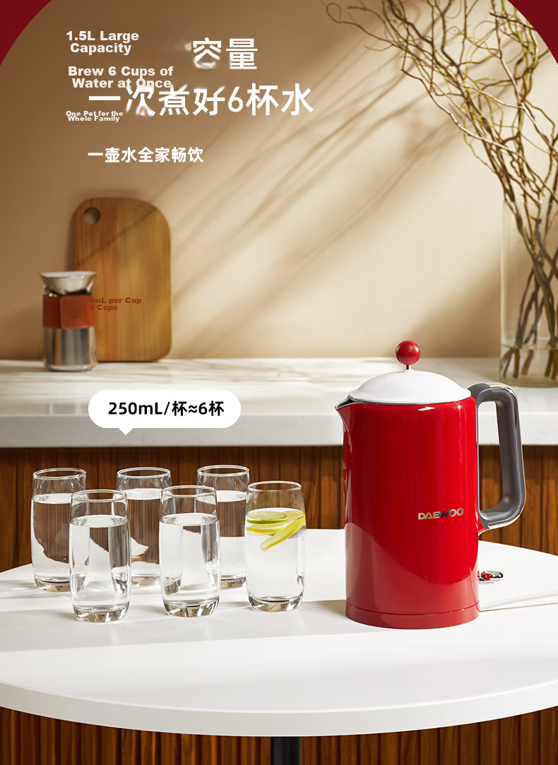 DAEWOO Retro Electric Kettle, Constant Temperature Water Kettle for Home Use, Hot Water Kettle, Insulated And Temperature-Controlled Milk Maker, Stainless Steel, 1.5L Large Capacity, Gift-Giving, EK01 Red Electronic Model 14