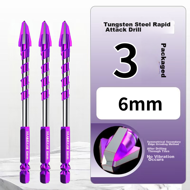 Yanran Tungsten Steel Rapid Attack Four-Flute Alloy Eccentric Drill Bit for Tile and Concrete 6mm 3pcs