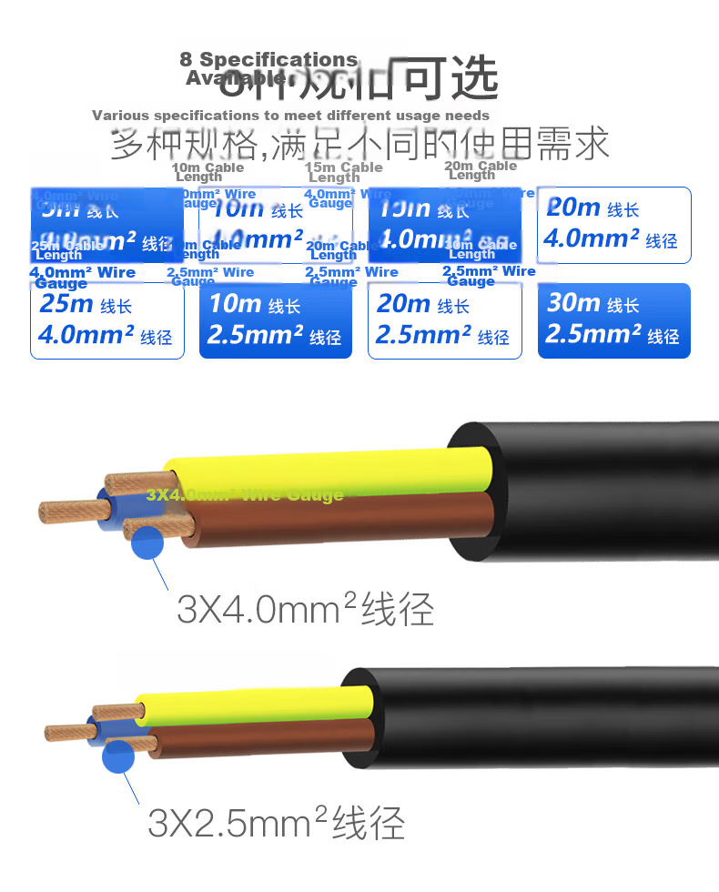 TOWE 16A New Energy Electric Vehicle Charging Extension Cable Socket Power Extension Cord 3-Pin 20m 2.5mm² 2