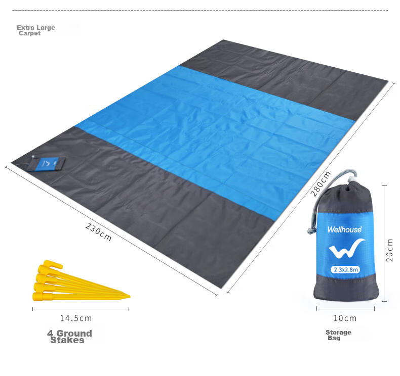 WELLHOUSE Beach Grass Outdoor Picnic Mat, Foldable Storage Bag with Ground Stakes, Moisture-Proof Mat, Orange-Gray Color, 2.1*2m, Floor Sleeping Mat 5