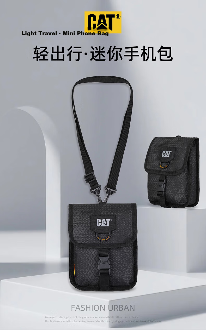 CAT Mini Shoulder Bag Small Phone Bag Casual Crossbody Outdoor Sports Neck Hanging Lightweight Flap Lock Black 84717 2