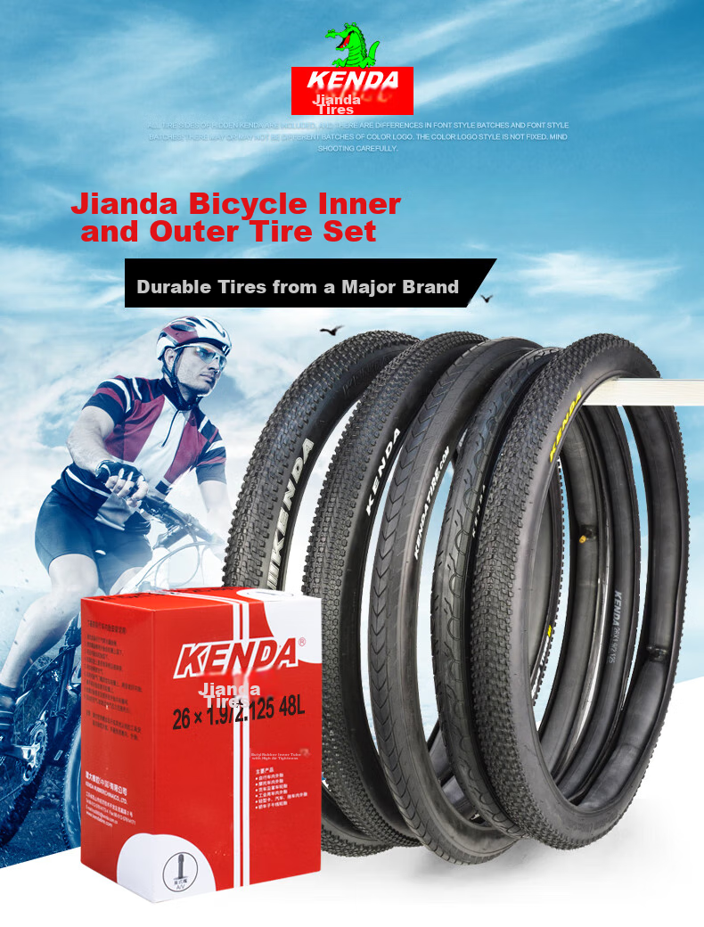 KENDA Bicycle Tire Set, 26X1.95, Extended American-Style Valve, Butyl Rubber Inner Tube, Low Wind Resistance, Wear-Resistant 1