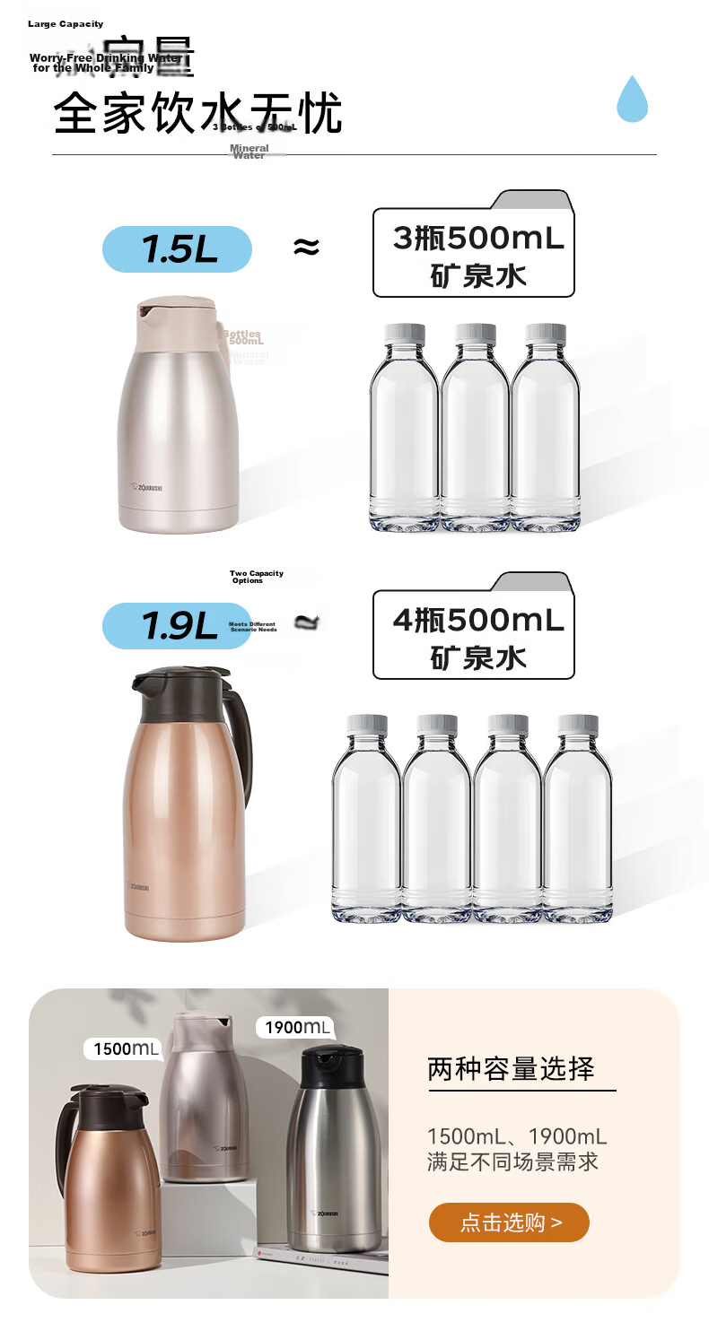 ZO JIRUSHI Large Capacity Insulated Water Bottle Stainless Steel Thermos Warm Water Jug Hot Water Bottle for Home And Office Use 1.5L S H-A15C 8