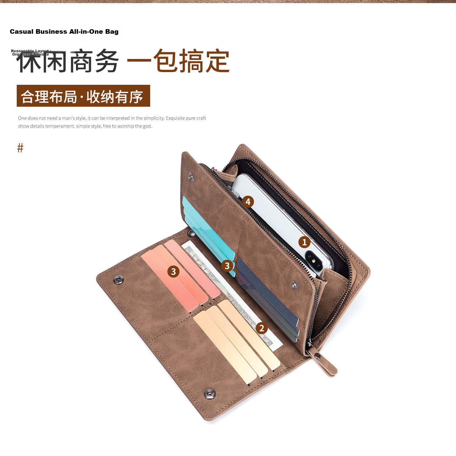 MashaLanti Men's Wallet, Large Capacity, Leather Billfold, Long Zipper Coin Purse, Multifunctional Clutch Card Holder, Business Document Wallet All-I 10