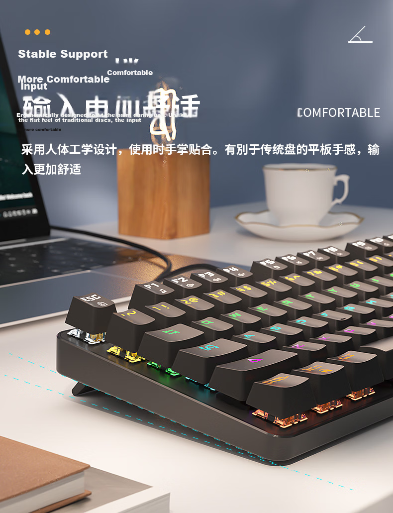BOW Hangshi G68 Wired Mechanical Keyboard, E-Sports Gaming Customizable Hot-Swappable Mechanical Keyboard with 68 Keys, Office And Home Mixed Color Backlit Keyboard, White And Green Tea Switches 8
