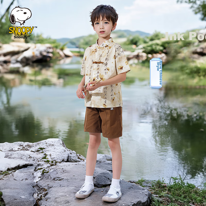 SNOOPY Boys' Hanfu Children's Outfit, Short-Sleeve Shorts Chinese-Style Two-Piece Set, New Modernized Tang Suit, Lightweight Summer Versio
