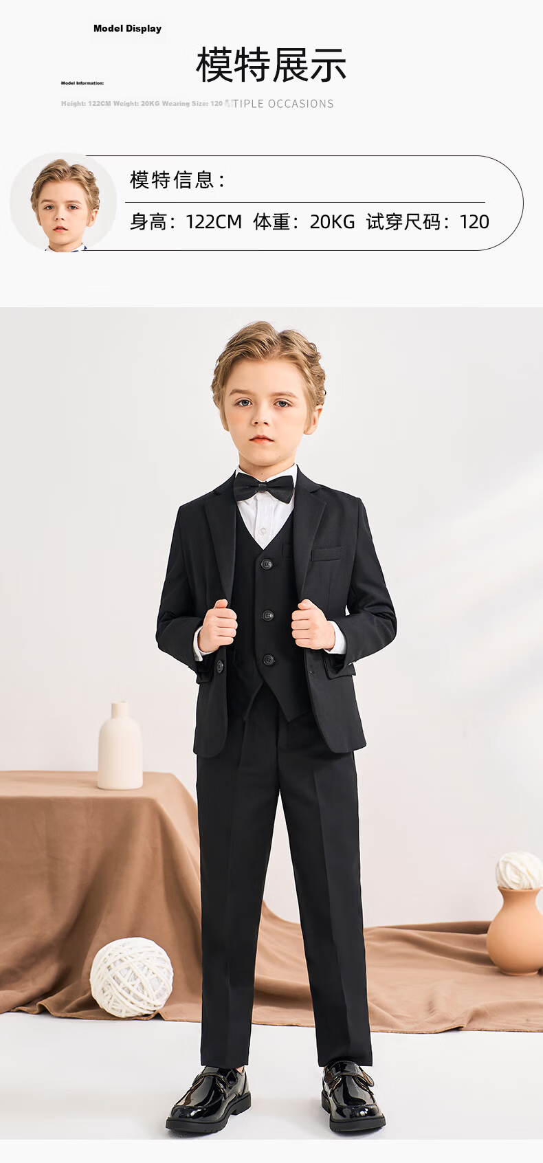 Romon Kids Suit Set Spring Autumn Boys Host Tuxedo Flower Boy Performance Outfit Black 170 18