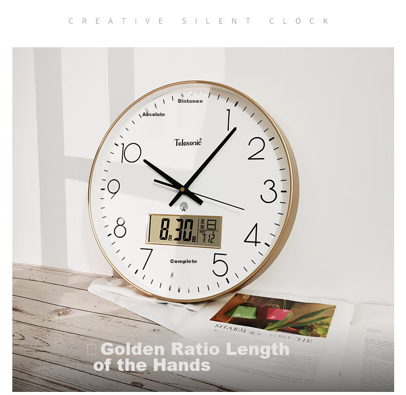 Telesonic Wall Clock, Living Room Timepiece, Automatic Time Synchronization, Perpetual Calendar, Temperature Display, Wall-Mounted, No Drilling Required, Radio-Controlled Clock, 30CM 12