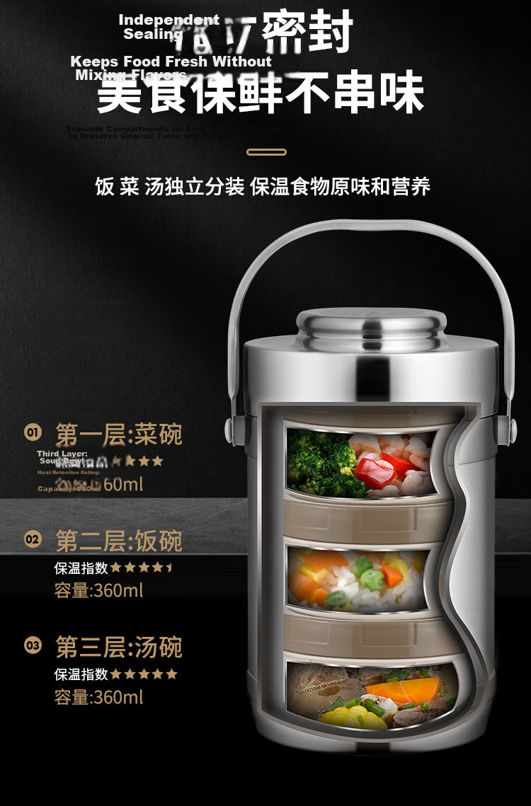 Golden Key 304 Stainless Steel Insulated Classic 2L Vacuum Three-Compartment Lunch Box Thermal Food Container GK-JBD2000T 3
