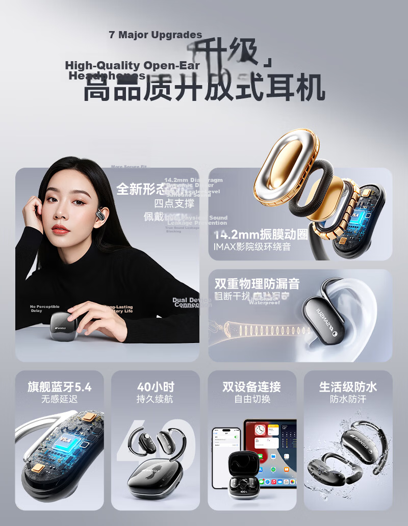 SANSUI W15 Dual Device Connection Bluetooth Bone Conduction True Wireless Earhook Sports Running Headphones Noise Cancelling Long Battery Life for Apple Huawei Black 3