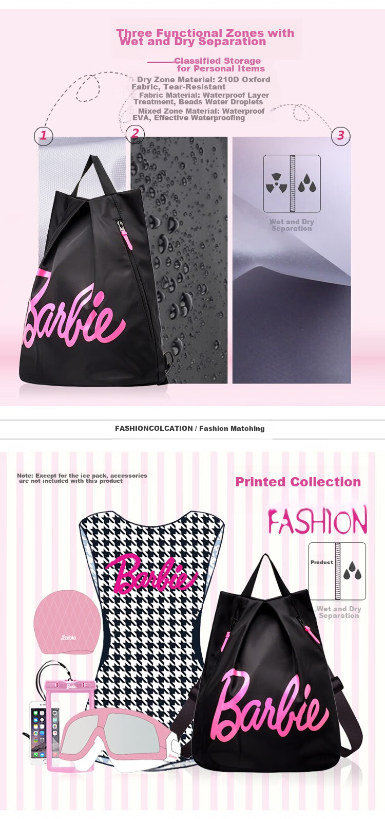 Barbie Swim Bag Wet and Dry Separation Unisex Fitness Sports Beach Bag Waterproof Backpack Black 5