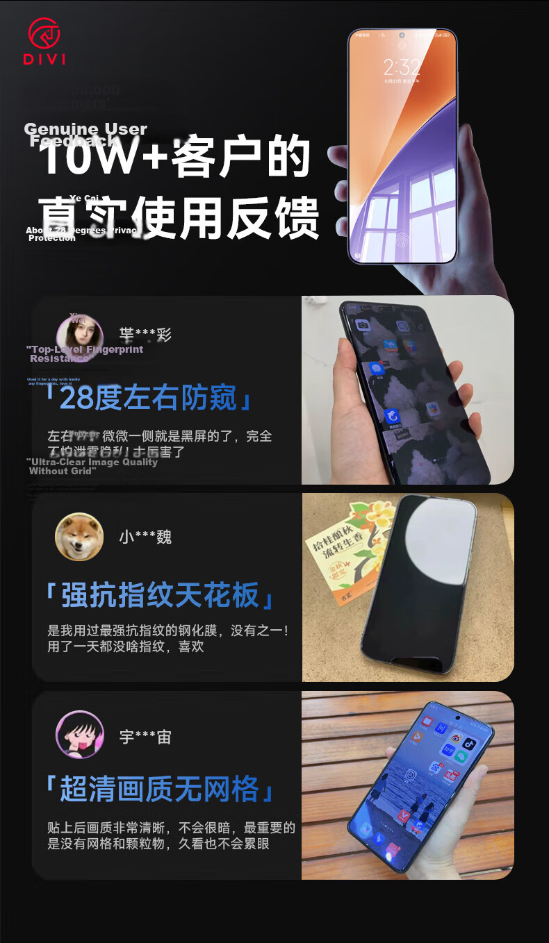 DIVI [Instant Privacy Screen Protector] for Xiaomi 15 Pro/Ultra, Anti-Peeping Phone Film for Xiaomi 15 S Pro, Anti-Spy No Black Border Smooth Anti-Fingerprint Tempered Glass Film with No Bubbles 5