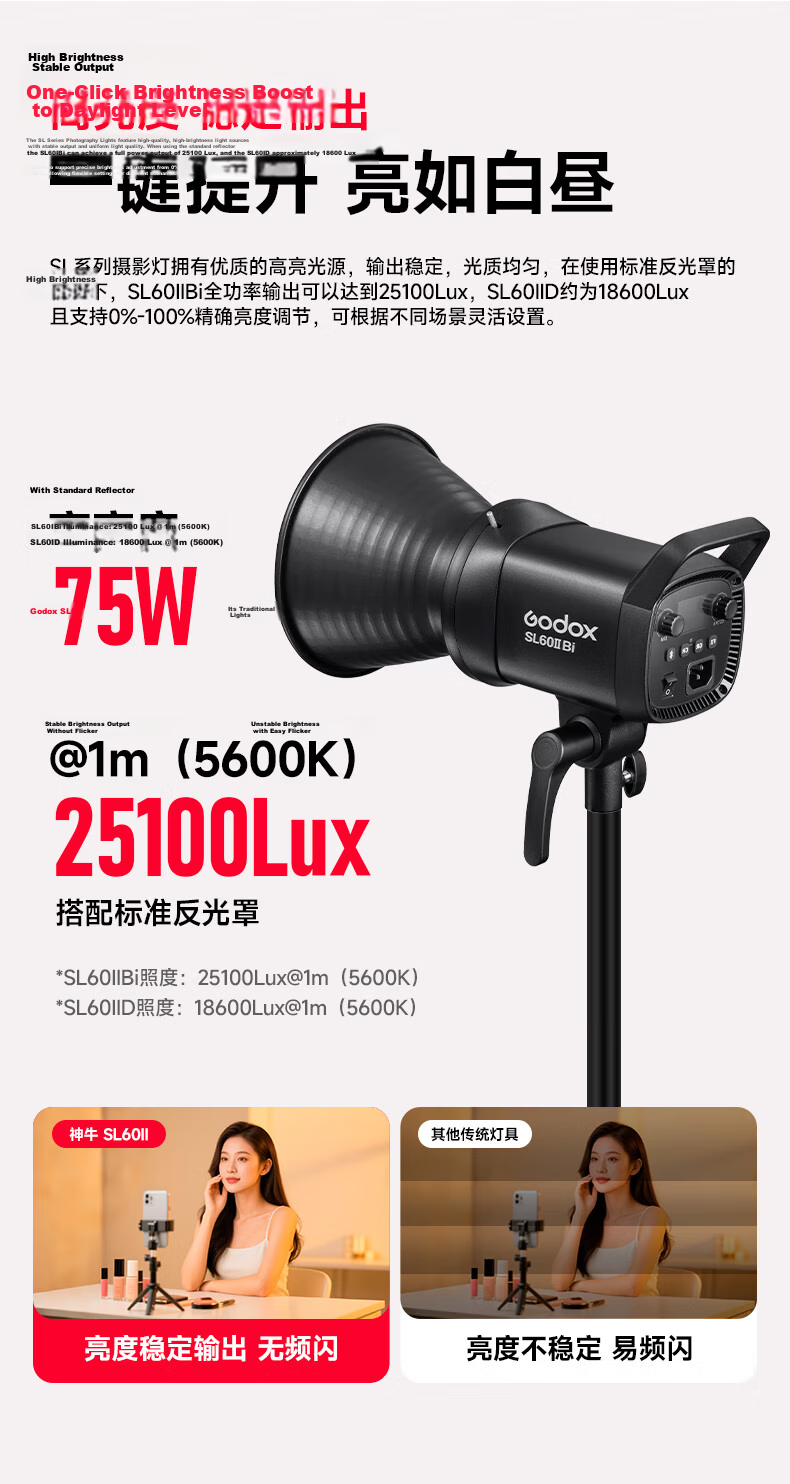 Godox SL60II Live Streaming Fill Light D Photography Continuous Light Sunlight Studio Shooting Photography Light Children's Clothing Photo Spotlight Host Live Streaming Light 6