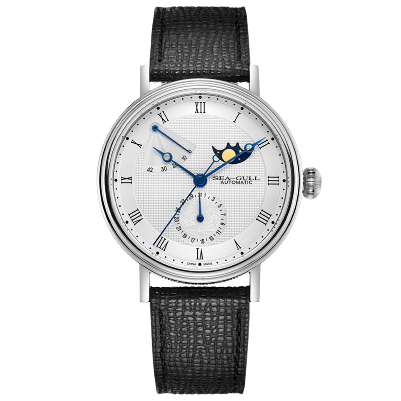 SEAGULL Men's Automatic Mechanical Watch Moon Phase Calendar Power Reserve 6092 Black Night Birthday Gift