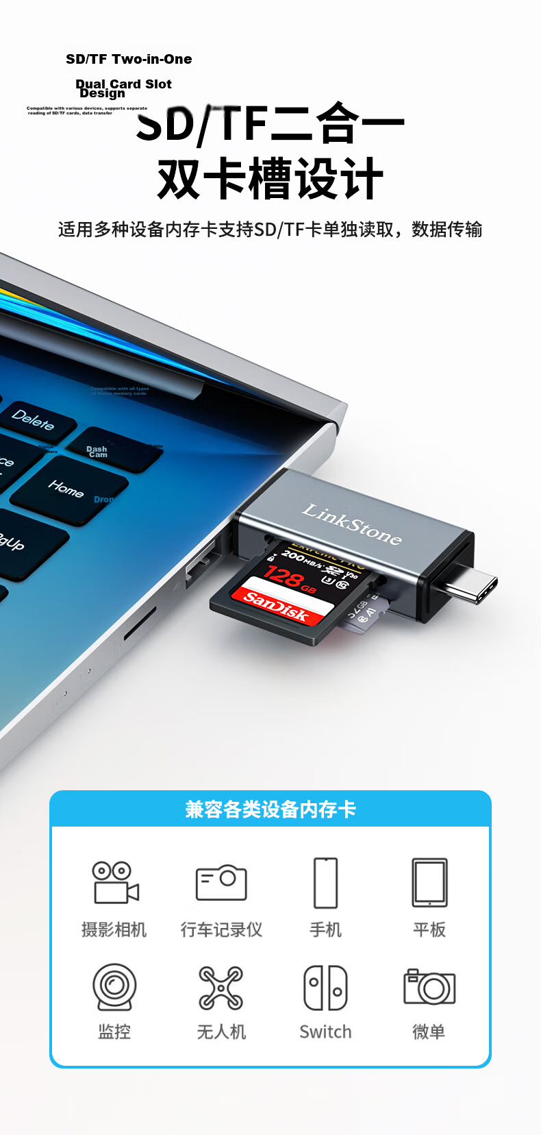 LinkStone USB/Type-C Card Reader 3.0 High-Speed SD/TF Card Multi-Functional All-In DSLR Camera Canon Smartphone IPad Dash Cam Surveillance Storage Memory Card 4