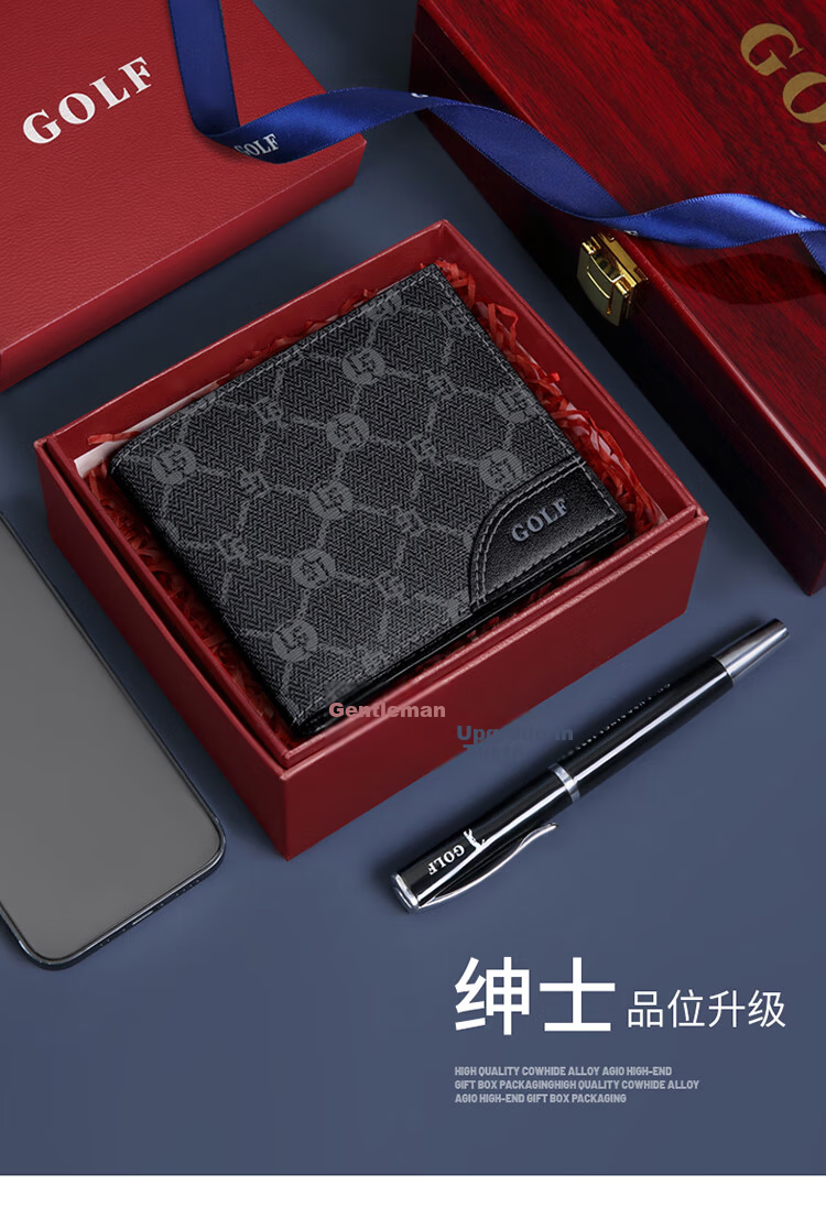 GOLF GOLF Men's Wallet Multi-card Short Wallet Men's Casual Card Holder Retro Printed Large Capacity Leather Clip Horizontal Ticket Clip Business Small Wallet 5V786386J Black 4